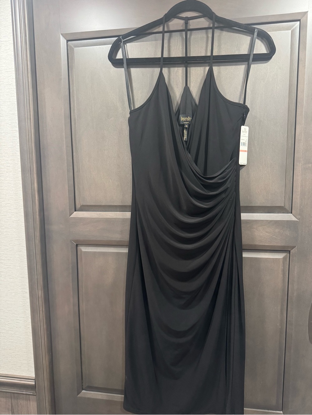Laundry by Shelli Segal Black Draped Midi Dress with Spaghetti Straps